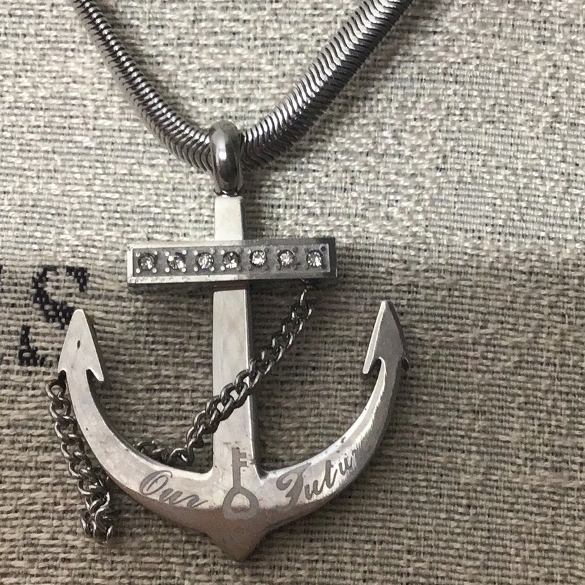 Nautical Beautiful Anchor Pendant W/ Rhinestones Across Top On Ss Snake Chain.